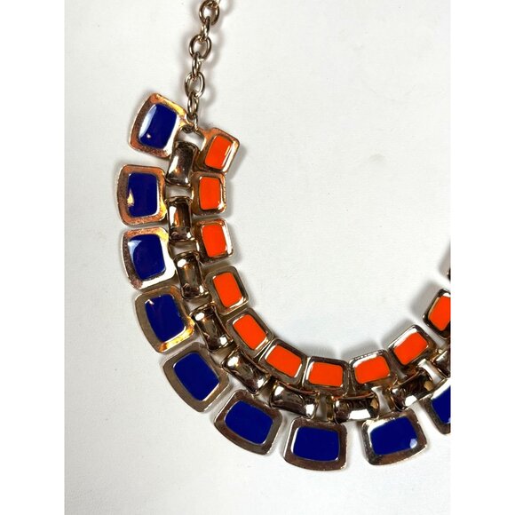 Orange & Blue Statement Necklace With Double Row Square Resin Accents On Gold-To - Picture 6 of 9